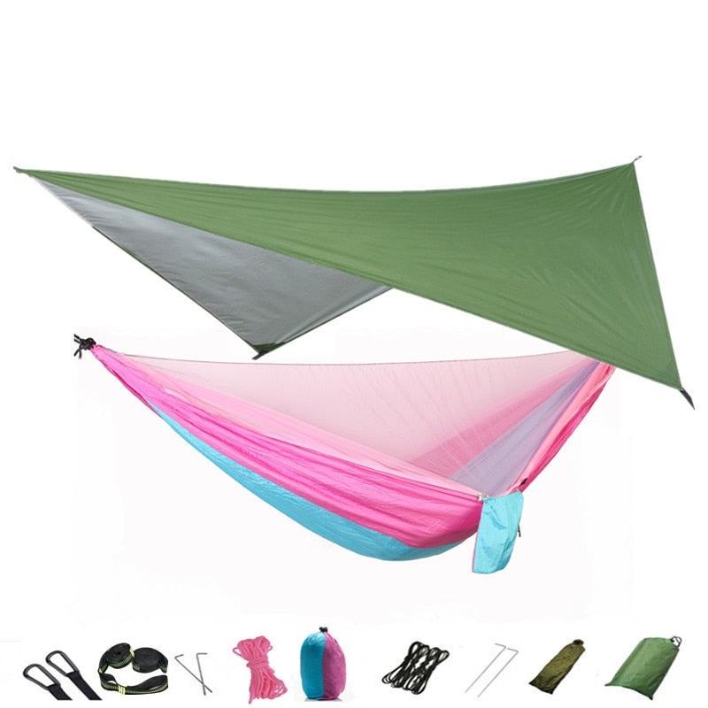 Camping Hammock Mosquito Net and Hammock Canopy Portable Nylon Hammock Rain Fly Tree Straps for Hiking Camping Survival Travel