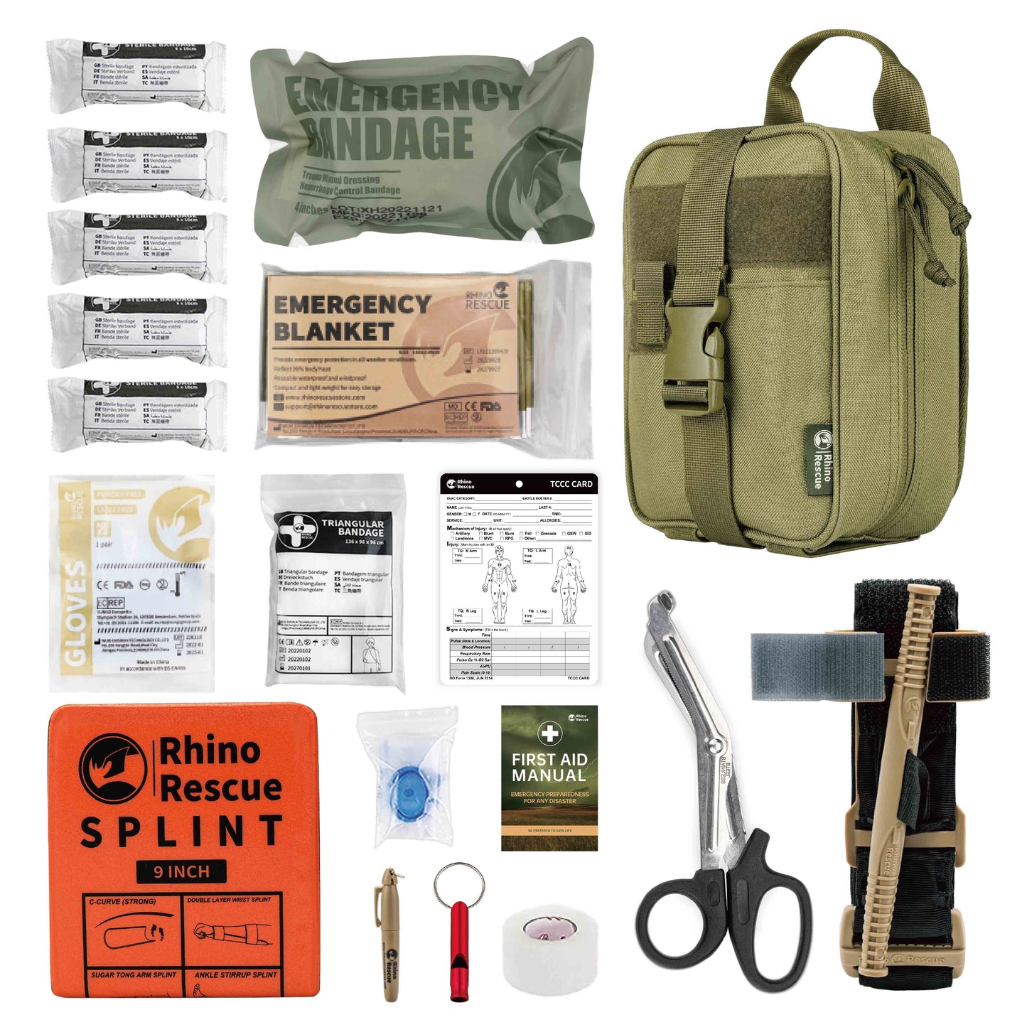 Rhino First Aid Survival Kit Tactical IFAK Pouch Supplied Camping Kit with 21 EMT Items for Military Emergency Outdoors